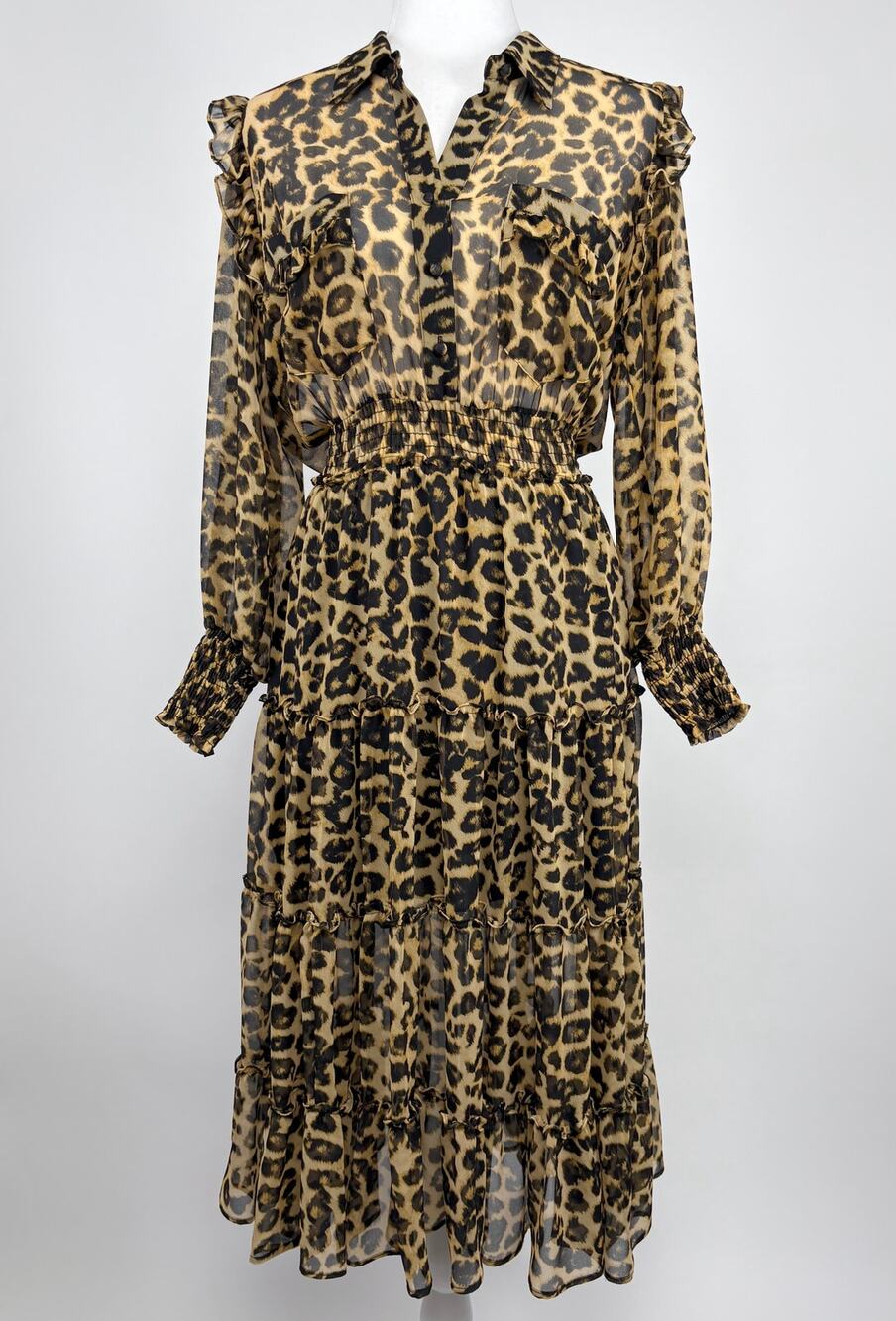 Misa Los Angeles Leopard Print Midi Dress Size Small Boho Statement Flowy Sheer
